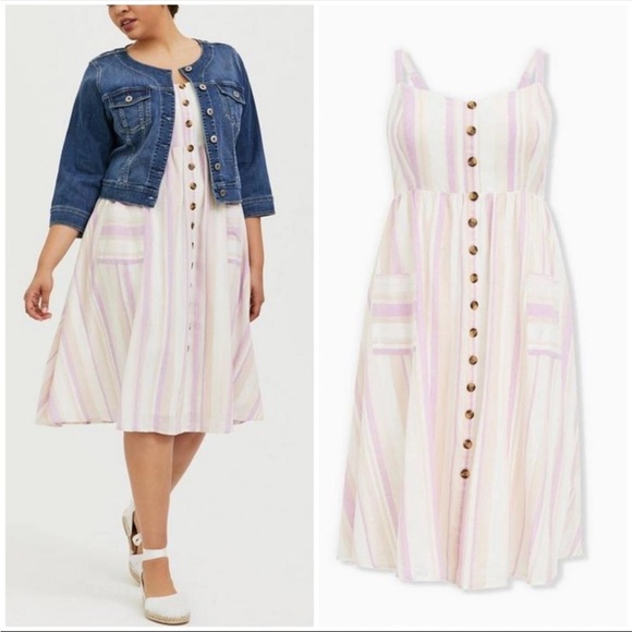 Torrid Plus Sz 1X Womens Linen Cotton Button Front Midi Dress Striped Pockets - Picture 1 of 8
